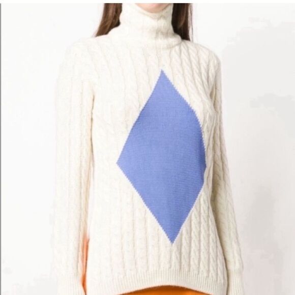 Tory Burch Sweater Nel Cable Knit Diamond Turtleneck Alpaca Wool in Cream Blue - Picture 2 of 15